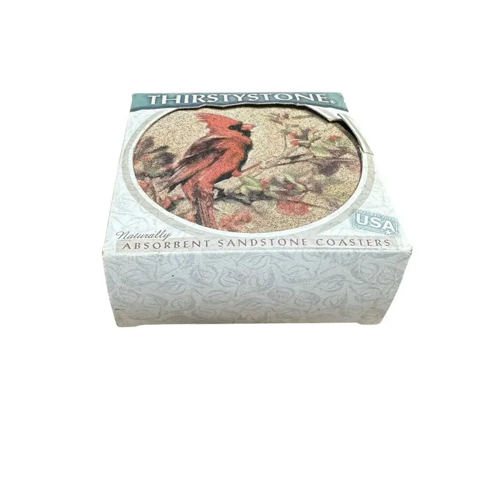 Vtg Thirstystone Set of 4 Winter Cardinal Bird Stone Coasters Cork Back Round 4